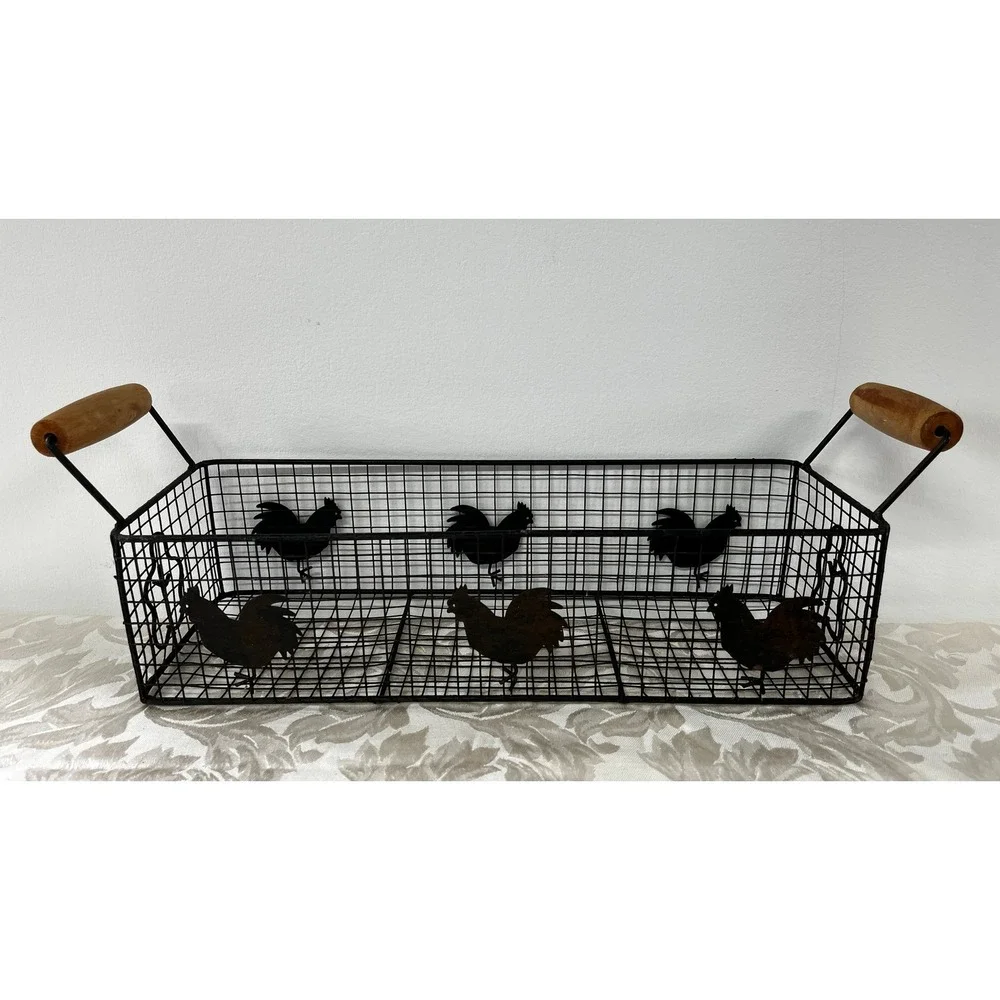 Rectangular Wire Rooster Basket Farmhouse Metal Storage Wood Handles 19x5.5 in